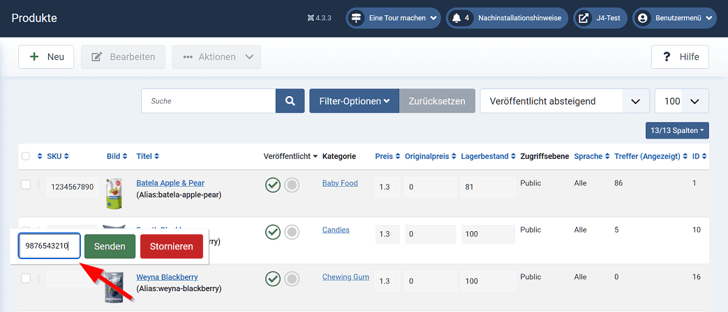 Phoca Cart - Produktliste in Administration - an Ort und Stelle bearbeiten - SKU